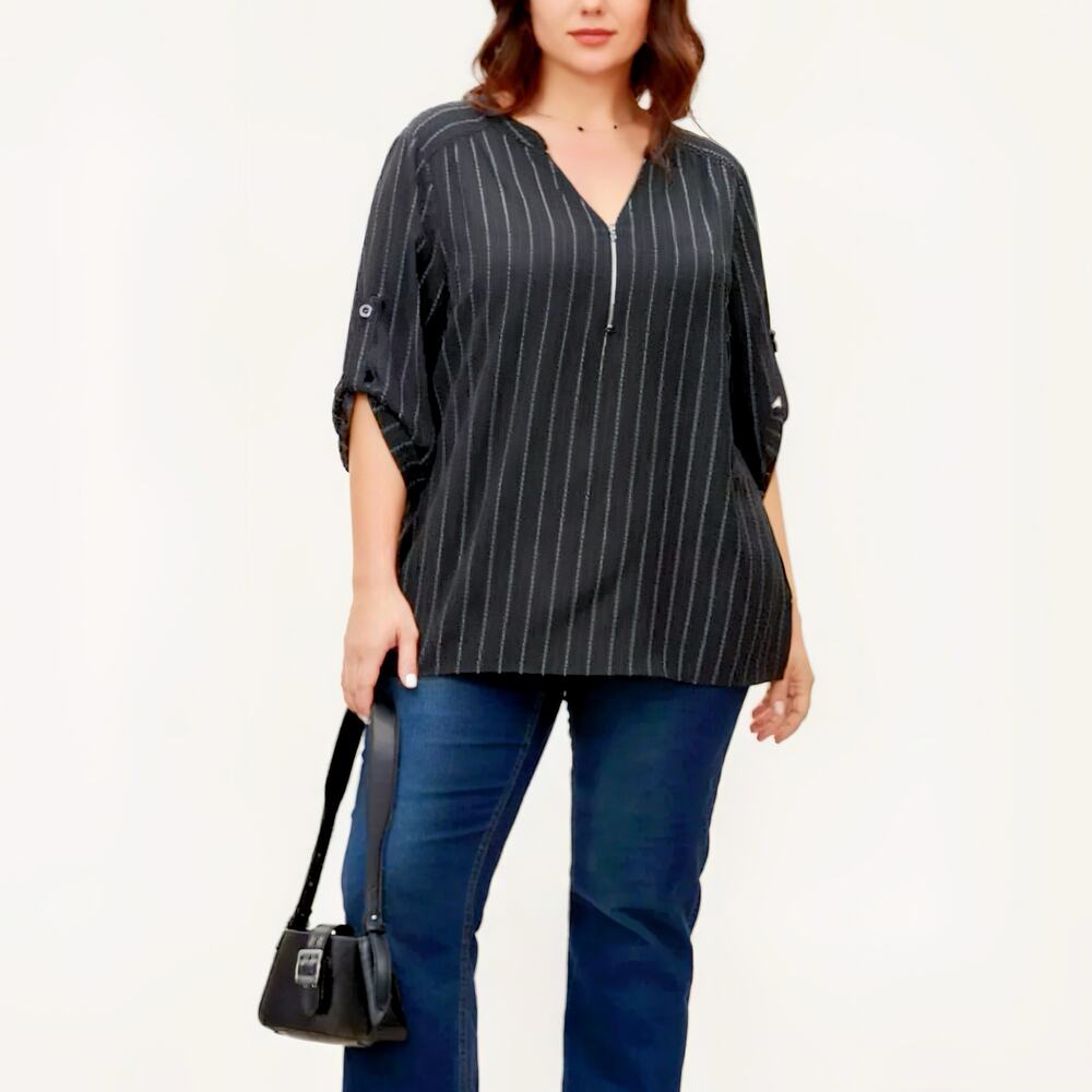 4X 26 Plus Size BloomChic Striped Zip Front Tab Sleeve Blouse Top Blouse - Picture 5 of 5